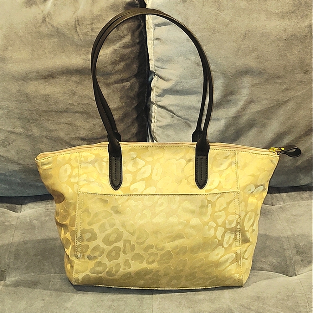 MICHAEL KORS KELSEY GOLD NYLON LEOPARD PRINT & BLACK LEATHER MEDIUM TOTE BAG - Picture 4 of 16